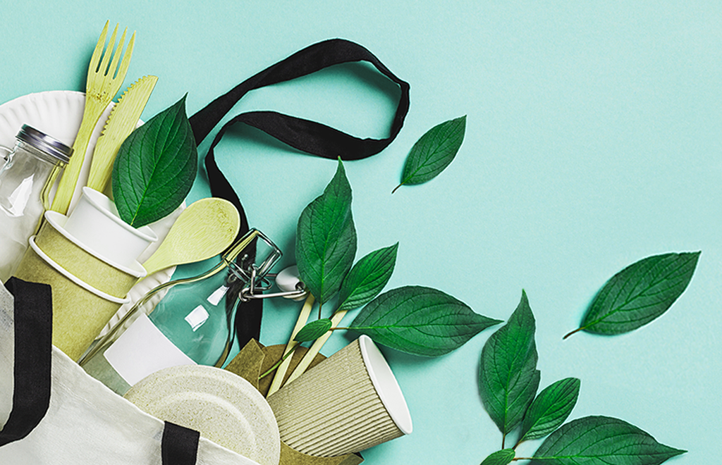 A collection of items including reusable cups, cutlery, bottles, and plant leaves on a light green background