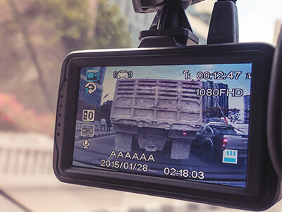 A dashcam in the front of a car showing a lorry