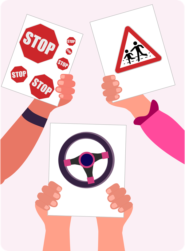 Illustration of hands holding up road sign images on a light pink background