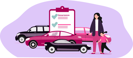 Illustration of a lady and child looking at multiple cars with a clipboard with tick boxes behind it