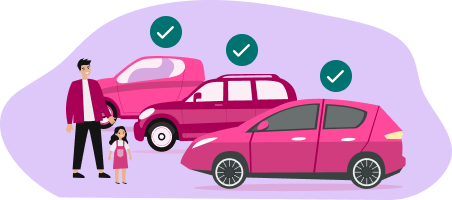 Illustration of a man and a child looking at multiple cars